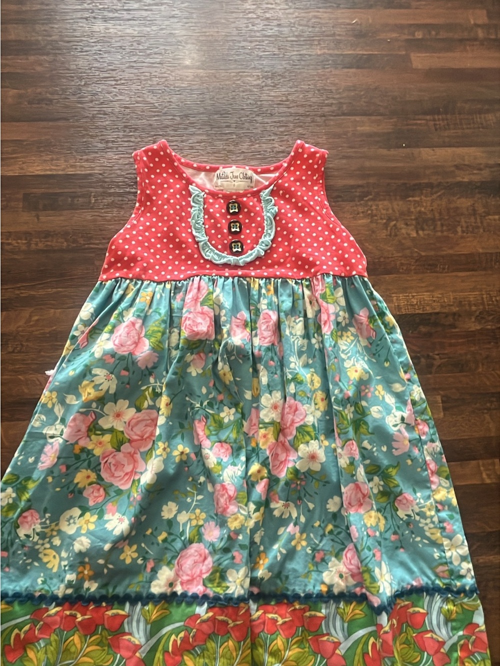 Matilda Jane Coral Polka Dot Top with Teal Floral Skirt Girls Dress